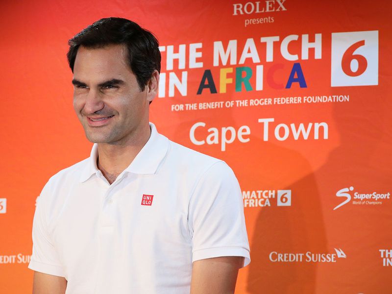 Roger Federer speaks during a media briefing at Cape Town International Airport ahead of his exhibition tennis match against Rafael Nadal, in Cape Town, South Africa, February 5, 2020. REUTERS/Sumaya Hisham