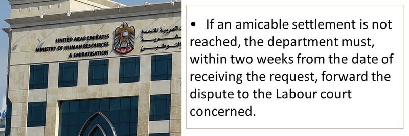 If an amicable settlement is not reached, the department must, within two weeks from the date of receiving the request, forward the dispute to the Labour court concerned.