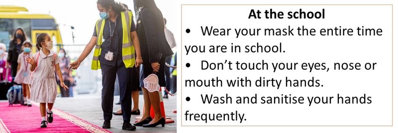 At the school • Wear your mask the entire time you are in school. • Don’t touch your eyes, nose or mouth with dirty hands. • Wash and sanitise your hands frequently.