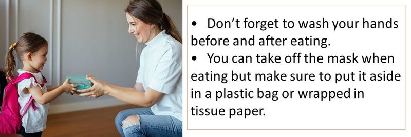 • Don’t forget to wash your hands before and after eating. • You can take off the mask when eating but make sure to put it aside in a plastic bag or wrapped in tissue paper.