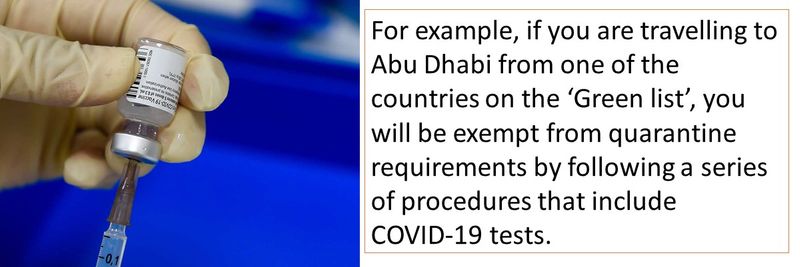 For example, if you are travelling to Abu Dhabi from one of the countries on the ‘Green list’, you will be exempt from quarantine requirements by following a series of procedures that include COVID-19 tests.