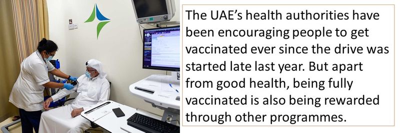 The UAE’s health authorities have been encouraging people to get vaccinated ever since the drive was started late last year. But apart from good health, being fully vaccinated is also being rewarded through other programmes.