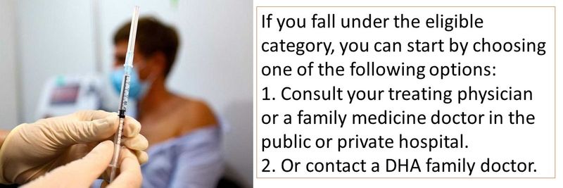 If you fall under the eligible category, you can start by choosing one of the following options: 1. Consult your treating physician or a family medicine doctor in the public or private hospital. 2. Or contact a DHA family doctor.