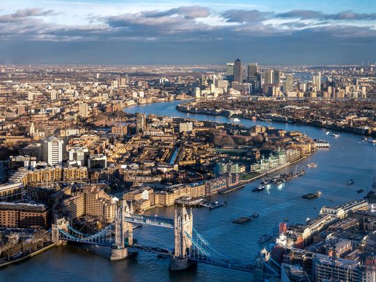 An aerial view of London city skyline.