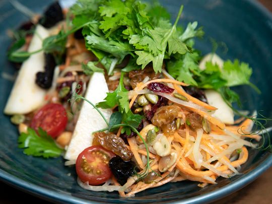 Vegan salad with sweet potato and green papaya