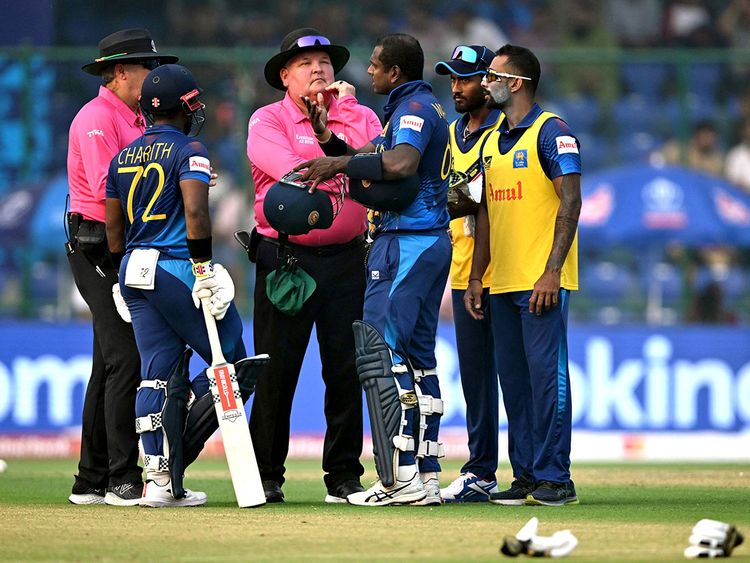 Sri Lanka's Angelo Mathews reacts after being timed out during the match against Bangladesh in the ICC Men's Cricket World Cup 2023, at Arun Jaitley Stadium in New Delhi on Monday.