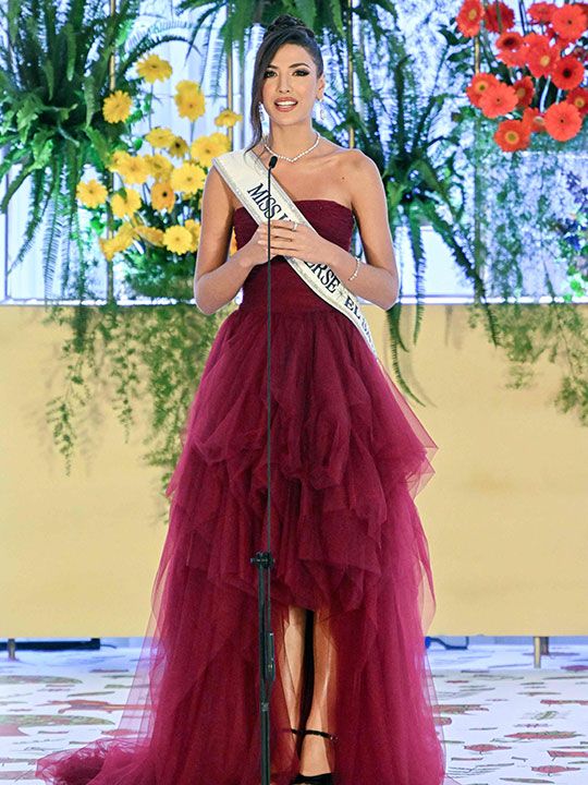 Isabella García-Manzo, Miss El Salvador 2023, speaking during a gala event at the headquarters of the Ministry of Foreign Affairs of El Salvador in San Salvador. This photo taken on November 8, 2023. 