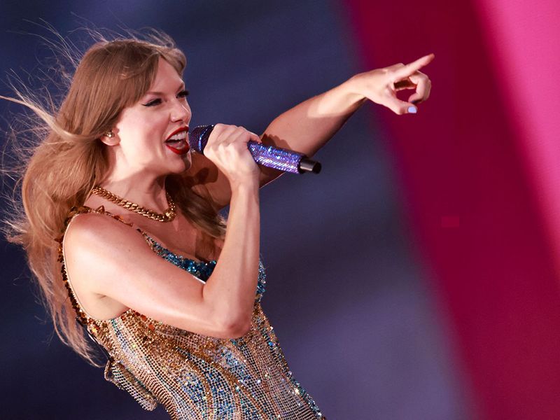 US singer-songwriter Taylor Swift performs during her Eras Tour at Sofi stadium in Inglewood, California, August 7, 2023. French rapper SCH's July 22, 2023, concert at Marseille's Velodrome stadium, filmed with some 70 cameras, will be programmed as a single screening on November 23, 2023, in 200 cinemas in France, Switzerland and Belgium. The screenings follow in the footsteps of artists OrelSan, Taylor Swift, - M - and Beyonce, who have carried out similar events. 