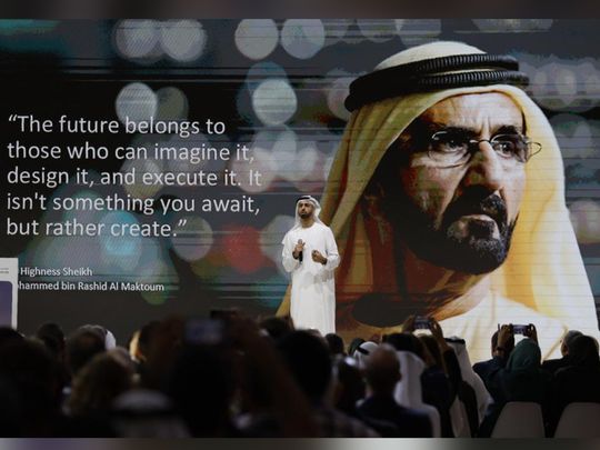 Omar Sultan Al Olama, Deputy Managing Director of the Dubai Future Foundation, gives an opening remarks at Dubai Future Forum at Museum of the Future in Dubai. Photo:Ahmed Ramzan/Gulf News