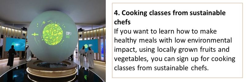 Cooking classes from sustainable chefs If you want to learn how to make healthy meals with low environmental impact, using locally grown fruits and vegetables, you can sign up for cooking classes from sustainable chefs.