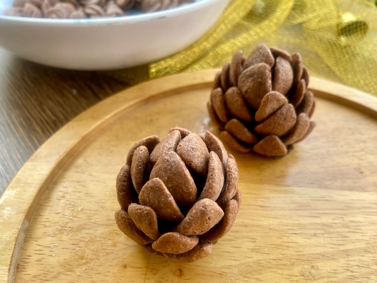 Cover the cake cones with cereal from bottom to top. Be gentle to avoid breaking the cake. Press the cereal gently to set it in place.