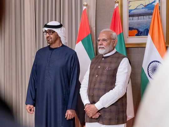 UAE President Sheikh Mohamed bin Zayed Al Nahyan and Prime Minister of India Narendra Modi witness a Memorandum of Understanding (MoU) exchange ceremony at the Leela Gandhinagar Hotel in Ahmedabad. 