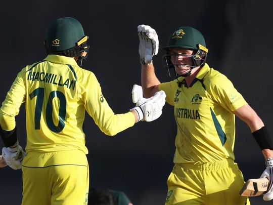 Callum Vidler and Rafael MacMillan of Australia celebrate following the ICC U19 Men's Cricket World Cup South Africa 2024 Semi-Final match between Australia and Pakistan at Willowmoore Park on Feb-1707415858257